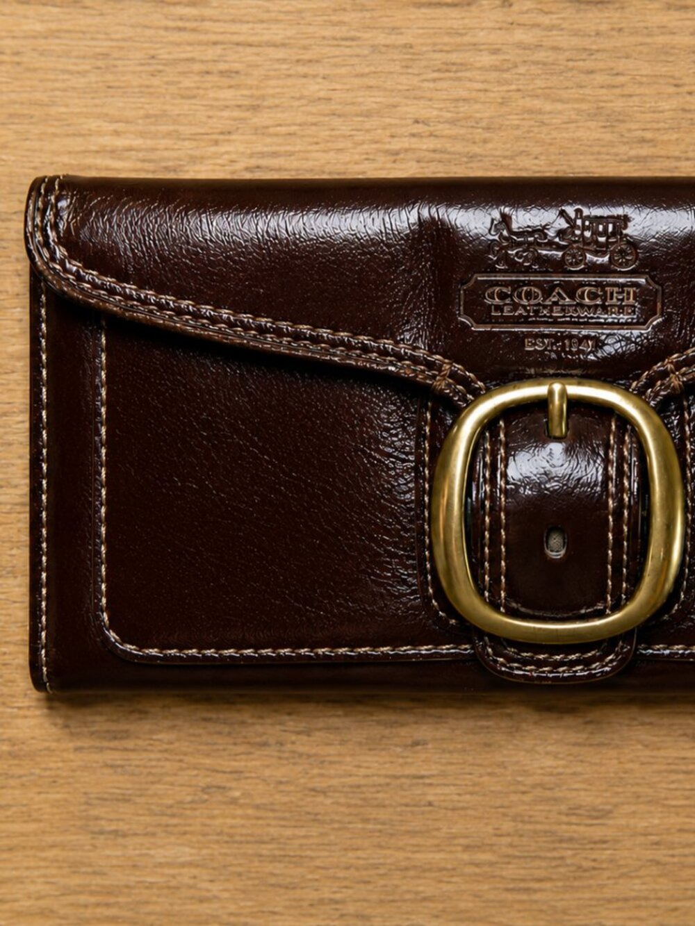 COACH Bleecker Tattersall Vintage Buckle Flap Brown Leather Wallet - Picture 2 of 16